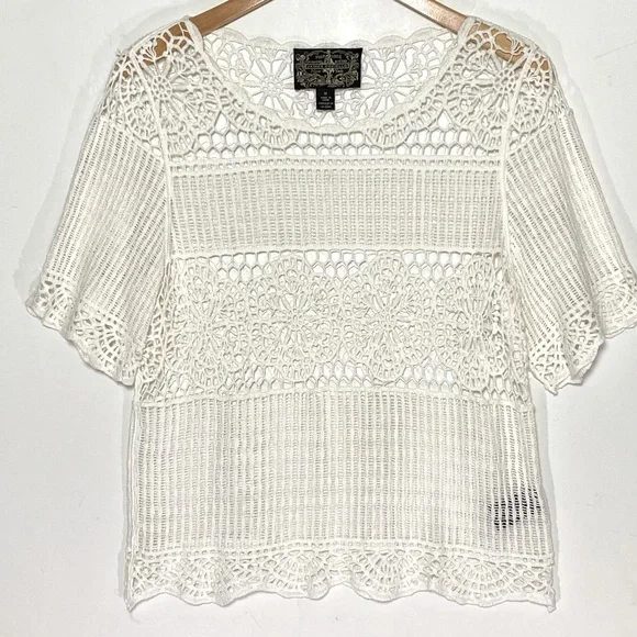 ANTHROPOLOGIE JAMES COVIELLO White Lace Crochet Sheer Short Sleeve Top medium - Picture 6 of 9